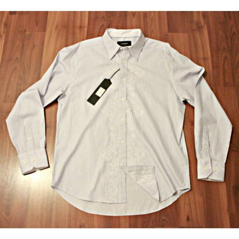 J CAMPBELL Los Angeles DRESS SHIRT Embroidered BLUE White STRIPED ( L )